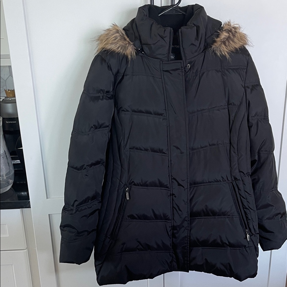 London Fog Black Puffer Jacket with Faux Fur Hood